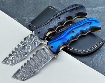 Damascus Tanto Cleaver Folding Knife Personalized Pocket Knife Blue or Black Pakkawood Handle Serrated Blade Father's Day Gift