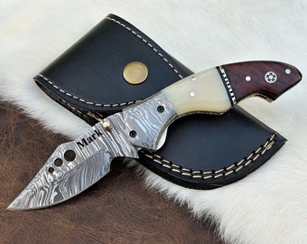 Personalized Damascus Folding Knife: Rosewood & Camel Bone Handle Gift for Him