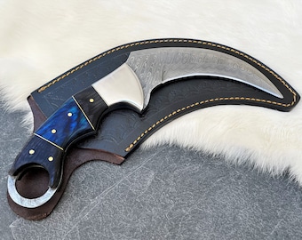 Coltello Karambit in acciaio di Damasco fatto a mano: coltello da caccia a codolo intero, regalo personalizzato con incisione, regalo per lui