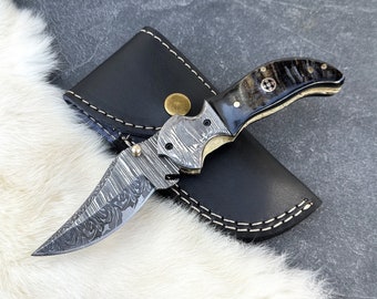 Gepersonaliseerde damascus stalen zakmes, ramshoorn handvat, damascus zakmes 7,5'' cadeaumes voor hem Verjaardagscadeau cadeau voor hem