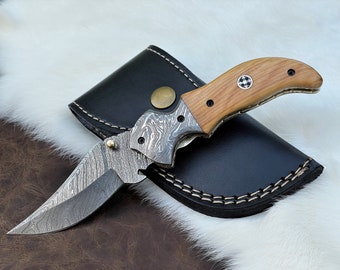 Damascus Folding Knife, Handmade Pocket Knife, Olive Wood Handle, Engraved Pocket Knife, Personalized Knife, Gift for Dad, Fathers Day Gift
