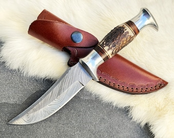 Stag Antler Knife, Damascus Steel Knife, Deer Antler Knife, Personalized Pocket Knife, Engraved Knife, Custom Knife Gift Father's Day Gift