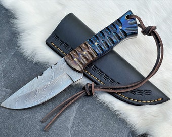 Damascus Steel Hunting Knife Engraved Hunting Knife Pakkawood Carved Handle Unique Damascus Pattern Gift for Him Gift for Him