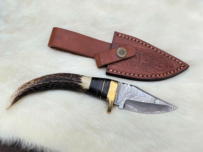 Stag Antler Knife, Damascus Steel Knife, Deer Antler Knife, Personalized Pocket Knife, Engraved Knife, Custom Knife Gift Valentines Day Gift image 8