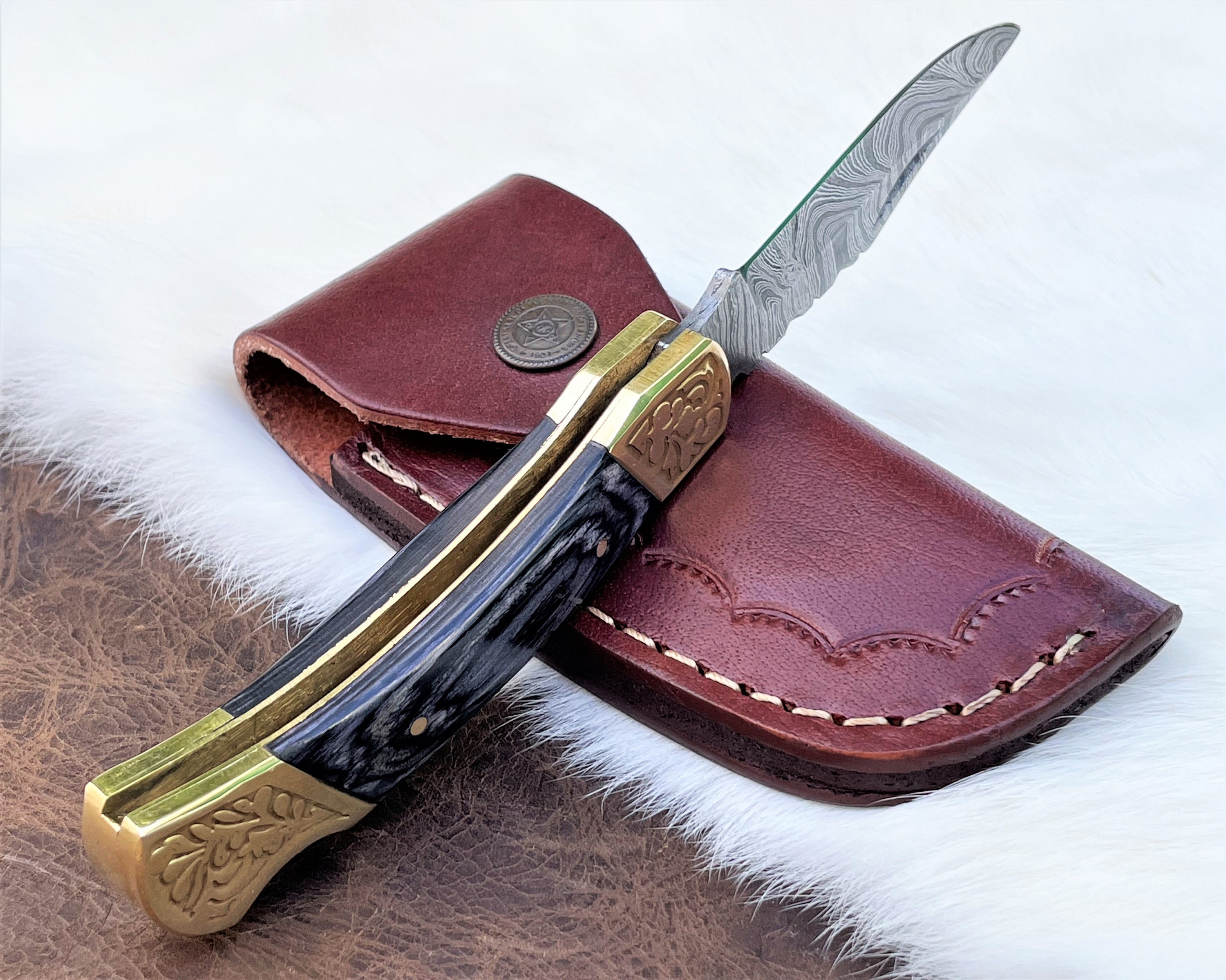 Handmade Damascus Steel Folding Knife With Pakka Wood Handle & Leather ...