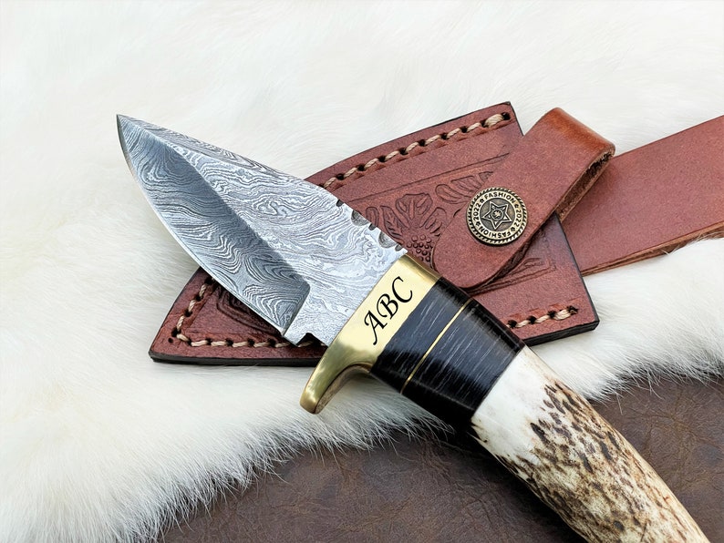 Stag Antler Knife, Damascus Steel Knife, Deer Antler Knife, Personalized Pocket Knife, Engraved Knife, Custom Knife Gift Valentines Day Gift image 3