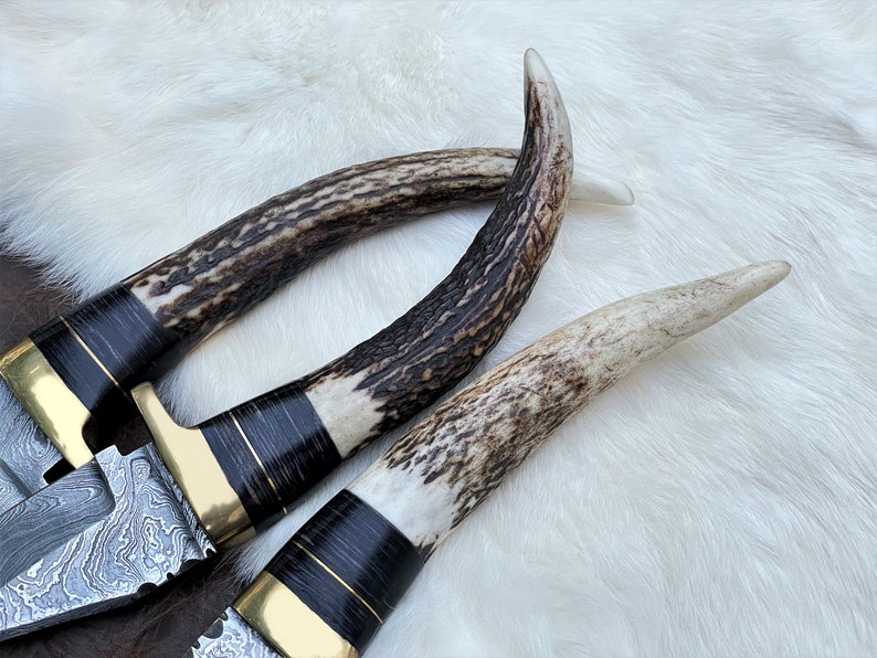 Stag Antler Knife, Damascus Steel Knife, Deer Antler Knife, Personalized Pocket Knife, Engraved Knife, Custom Knife Gift Valentines Day Gift image 7