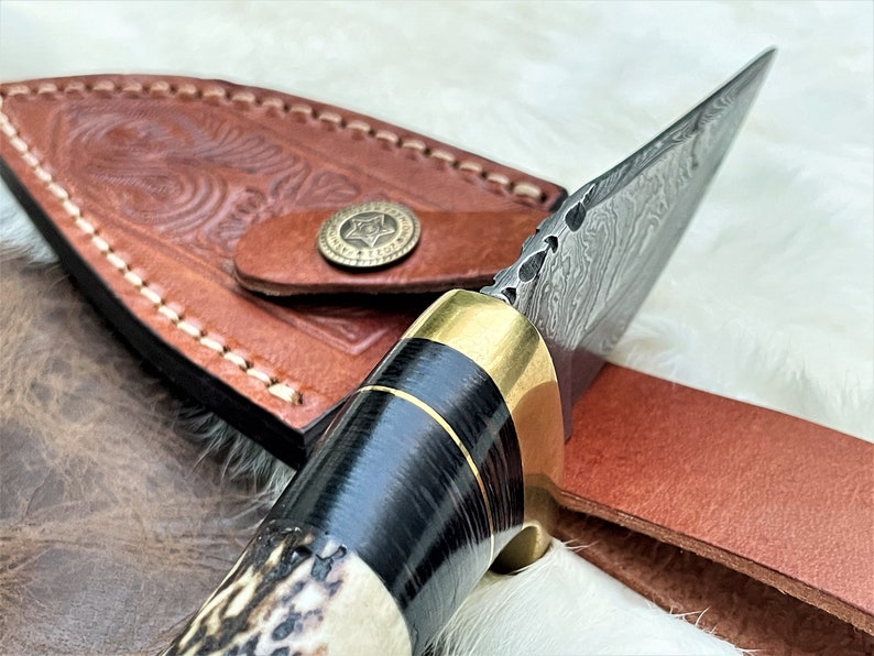 Stag Antler Knife, Damascus Steel Knife, Deer Antler Knife, Personalized Pocket Knife, Engraved Knife, Custom Knife Gift Valentines Day Gift image 5