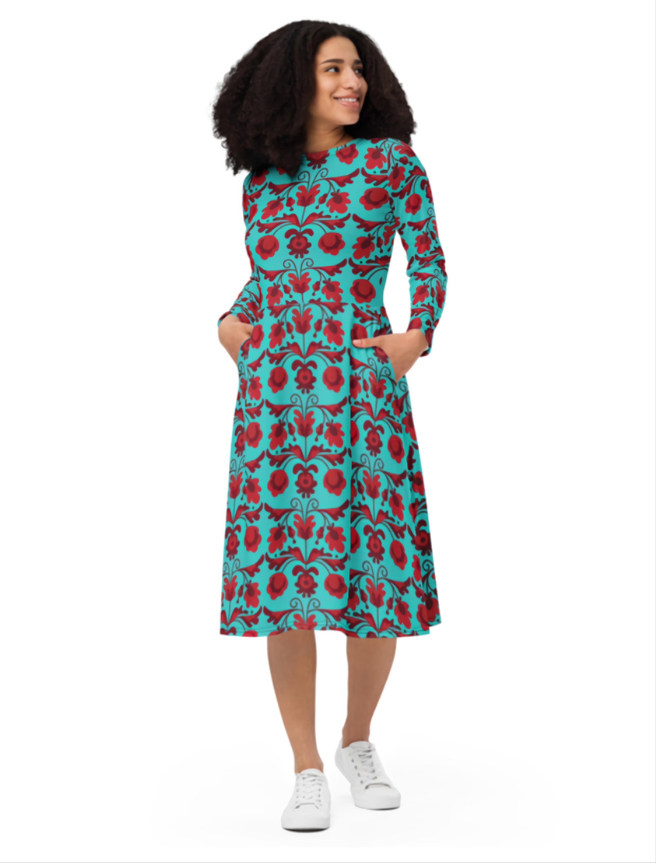 knee length dresses for ladies Azure Blue and Mint Green Floral Print Midi Dress with Scalloped Edges XL