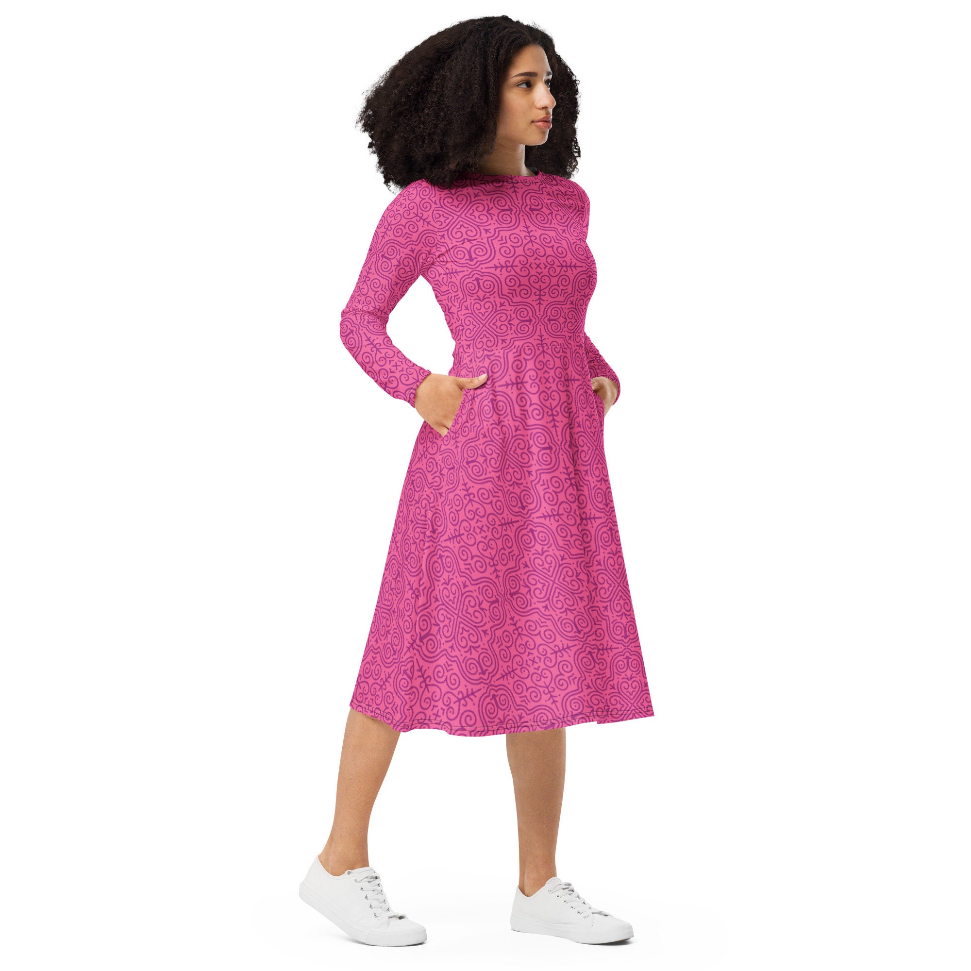 knee length dresses for ladies VEDA ROUND NECK MESH LONG SLEEVE RUCHED MIDI DRESS