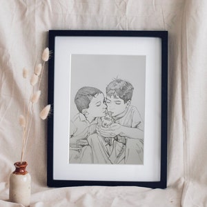 Realistic pencil drawing of sibling boys, candid portrait art, sibling wall art, boy wall art