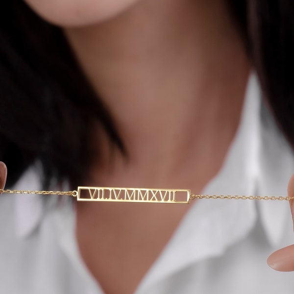 Handmade Gold Plated Silver Roman Numerals Bracelet by SwanLoyalty • Personalized Date Bracelet • Anniversary Bracelet • Gift for Woman