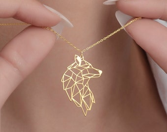 Handmade Origami Wolf Necklace by SwanLoyalty - Gold Plated Silver Wolf Jewelry - Gift for Animal Lovers - Geometric Wolf Necklace