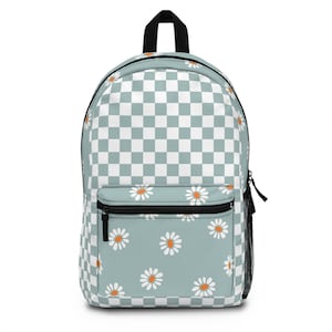 Retro Blue and White Floral Checkered Backpack