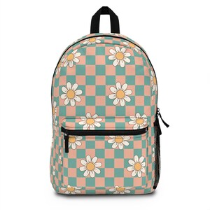Green & Pink Daisy Floral Checkered Backpack