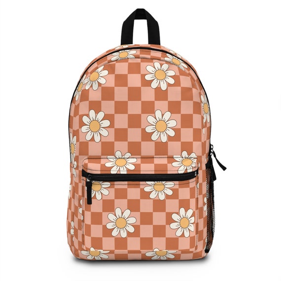 Orange and Pink Daisy Floral Checkered Backpack - Etsy display picture 1