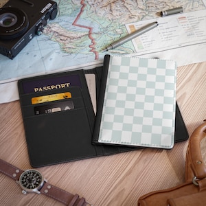 Retro Blue and White Checkered Passport Wallet and Passport Cover