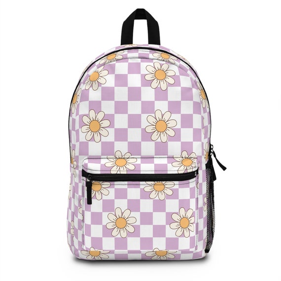 Purple Daisy Floral Checkered Backpack Etsy UK