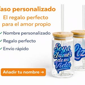 May include: Two glass tumblers with bamboo lids and straws. One has the text "Soy el amor de mi Vida" in blue and purple. The other has the name "Liza" in blue and purple. The tumblers are clear.