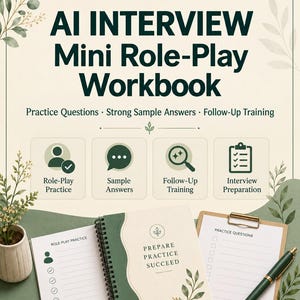 Peut inclure: Un cahier d'exercices de jeux de rôle pour entretiens IA avec une couverture crème et vert foncé ornée d'illustrations botaniques. Le cahier comprend des sections pour la pratique, des exemples de réponses et la préparation.