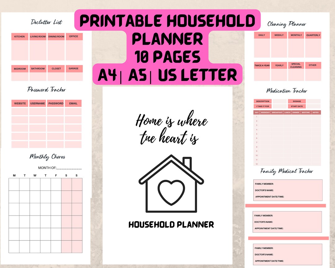 Printable Household Planner 10 Pages A4| A5| US Letter, Home Management ...