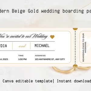 Invitation de carte d&#39;embarquement de mariage en or beige, billet d&#39;avion Save The Date, mariage de destination, carte d&#39;embarquement, mariage chic minimaliste