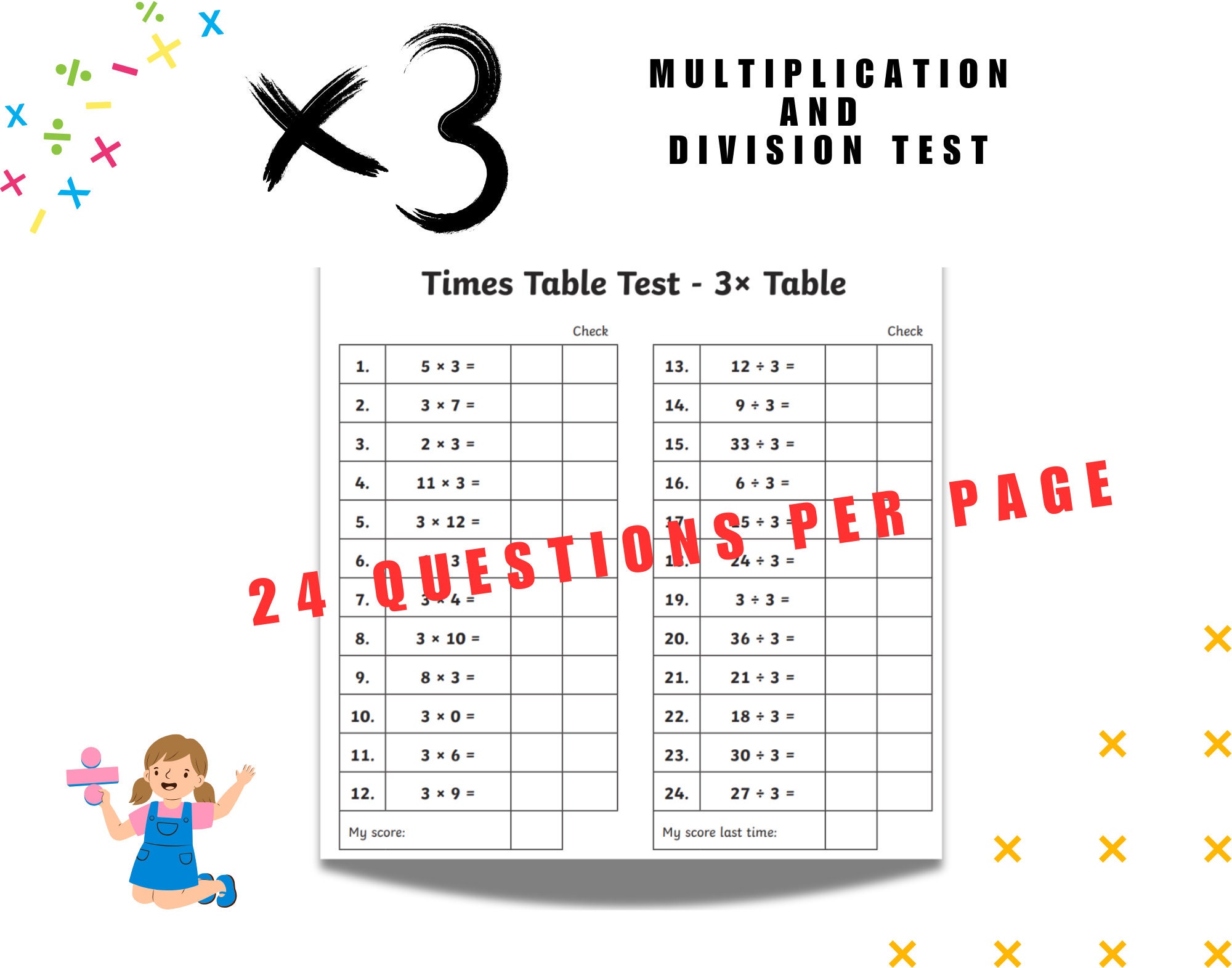 X3 Multiplication & Division Test: Homeschool Math Worksheet (PDF) - Etsy