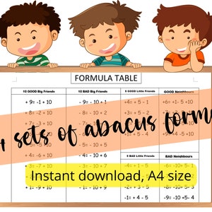 Table de formules boulier, feuille de calcul boulier, mathématiques préscolaires, feuille de travail pour enfants, enfants soroban, apprentissage formule boulier, activité mathématique maternelle