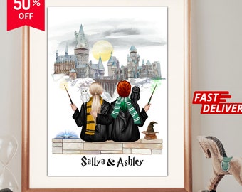 Personalized Wizard School Portrait: Custom Family or BFF Gift (Digital Print)
