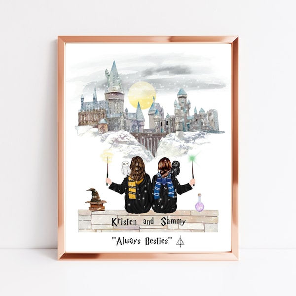 Custom Wizard BFF Portrait - Personalized Best Friends Gift - Personalised Besties Print - Wizard Family Print - Christmas Eve Gift For Her