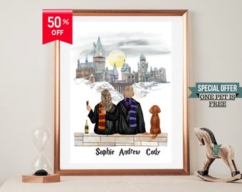 Personalised Wizard School Portrait Gift For family or Friends / Custom Made Potter Family Digital Print / Wizard Couple Print Gift