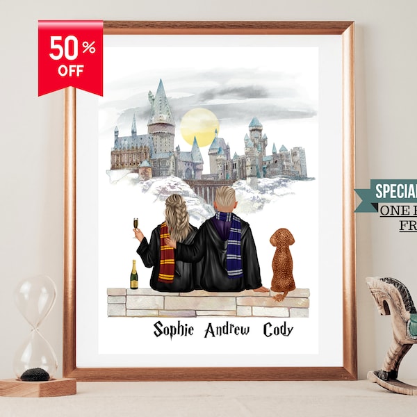 Personalised Wizard School Portrait Gift For family or Friends / Custom Made Potter Family Digital Print / Wizard Couple Print Gift