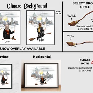May include: A digital art customization guide featuring illustrations of characters on broomsticks against a castle backdrop. It includes options for snow overlays, two distinct broom styles labeled Wall 1 and Wall 2, and examples of vertical and horizontal print orientations with character names like Luna, Mac, and Alex.
