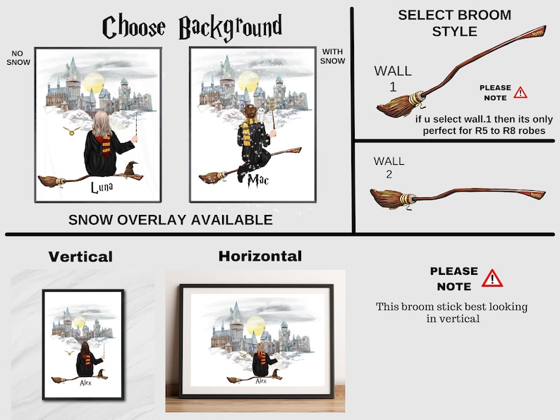 May include: A digital art customization guide featuring illustrations of characters on broomsticks against a castle backdrop. It includes options for snow overlays, two distinct broom styles labeled Wall 1 and Wall 2, and examples of vertical and horizontal print orientations with character names like Luna, Mac, and Alex.