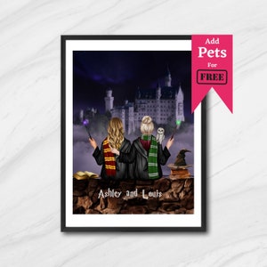 Personalised Wizard School Portrait Gift For Halloween/ Custom Made Halloween Gift for Family Digital Print / Wizard Couple Print Gift