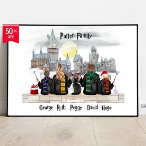 May include: A framed print featuring a family illustration with a Hogwarts castle backdrop. The artwork includes figures in wizarding attire, a black cat, and the text "Potter Family." The print has a 50% off sticker.