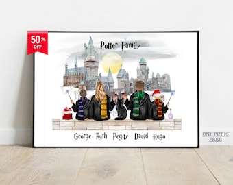 Personalized Wizard Family Portrait – Custom Magic School Print Christmas Family Gift