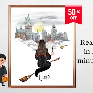 Single Wizard School Print -Daughter - Son- Birthday Unique Gifts-  fans -Customised -Personalised -Wizard Broom Print -Girl-Boy