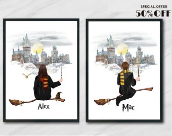 Wizard Broom Print- Single Wizard Portrait - Personalized Best Friends Gift -Halloween Print - Christmas Eve Gifts-Potter Flying Brooms Keys