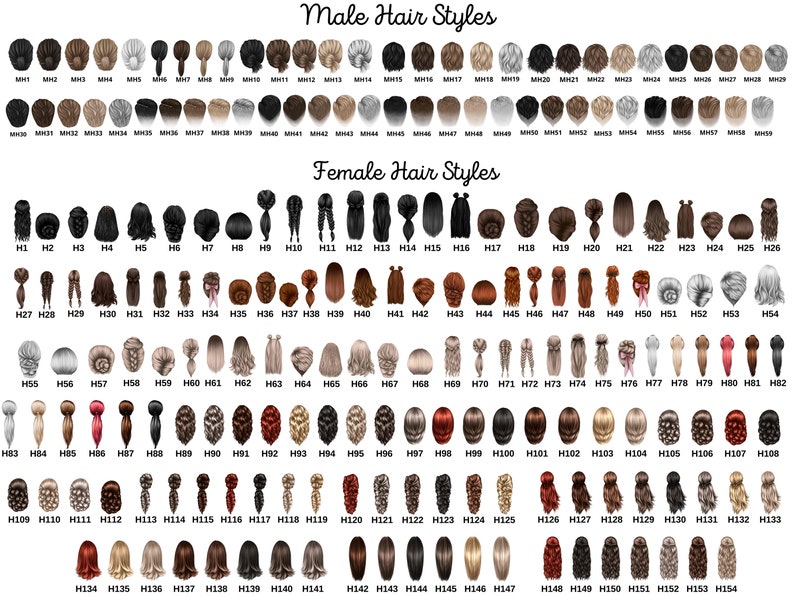 May include: A comprehensive digital chart displaying various hair styles labeled with codes. The top section, titled Male Hair Styles, features rows of short and medium-length cuts in black, brown, blonde, and gray. The bottom section, Female Hair Styles, includes diverse long, braided, and wavy options in various colors.
