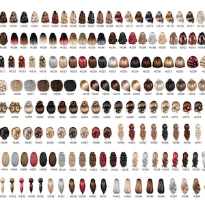 May include: A comprehensive digital chart displaying hundreds of illustrated hairstyles, including various lengths, textures, colors, and updos. Each individual hair style is labeled with a unique alphanumeric code ranging from H155 to H352.