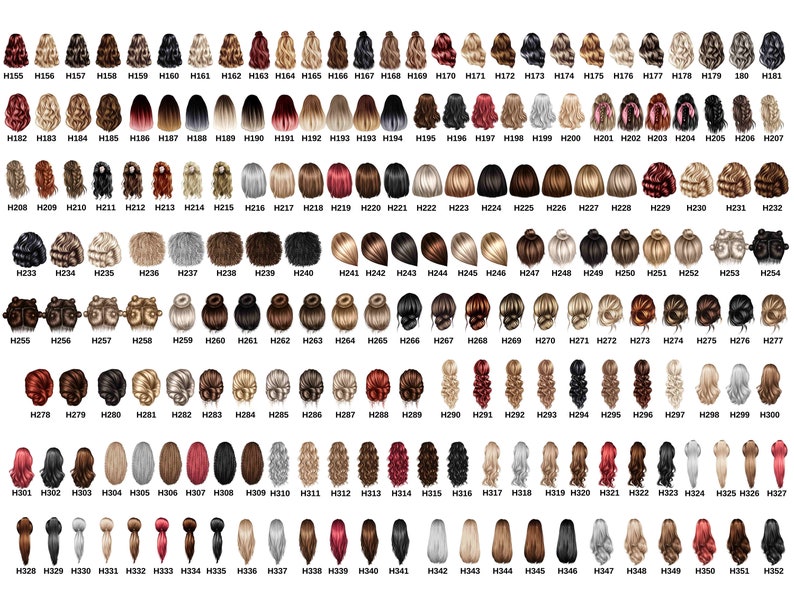 May include: A comprehensive digital chart displaying hundreds of illustrated hairstyles, including various lengths, textures, colors, and updos. Each individual hair style is labeled with a unique alphanumeric code ranging from H155 to H352.