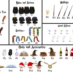 May include: A customization chart featuring five skin tones, eight robes, eight scarves, eight holdings including wands and a drink, nine wand effects, and fourteen accessories including owls, books, hats, bottles, and a golden snitch.