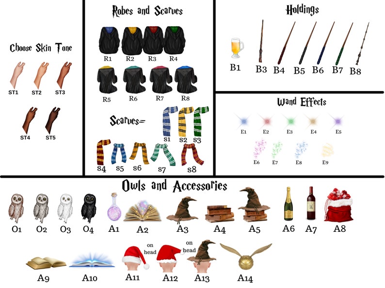May include: A customization chart featuring five skin tones, eight robes, eight scarves, eight holdings including wands and a drink, nine wand effects, and fourteen accessories including owls, books, hats, bottles, and a golden snitch.