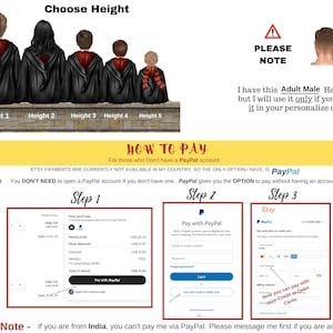May include: An instructional graphic featuring five figures in black robes with red linings labeled Height 1 through 5. It includes a note about an adult male head option and a three-step guide on how to pay via PayPal, including screenshots of the checkout process.