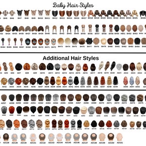 May include: A comprehensive digital chart displaying various hair styles categorized into Baby Hair Styles, Additional Hair Styles, and Male. Each style is labeled with a unique code, showcasing diverse colors, textures, and lengths for customization.