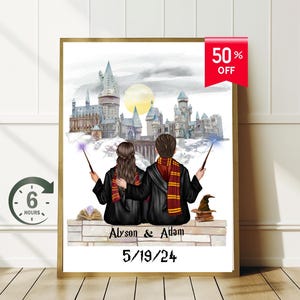 Custom Wizard Portrait – Personalized Harry Style Magic School Gift for Kids, Adults, Couples – Christmas Present, Wizard Fan Art Print
