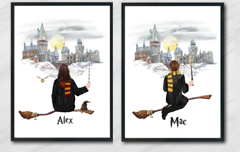 May include: Two framed wall art prints featuring watercolor illustrations of figures on broomsticks against a castle backdrop. One print shows a figure labeled Alex with a golden snitch, the other shows a figure labeled Mac with a white owl.