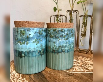 Set of Two Glazed Terracotta Container Jar with Cork Top One of A Kind