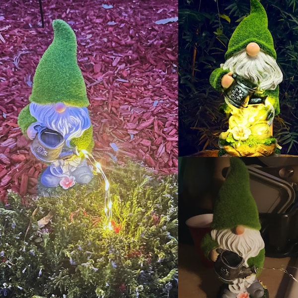 Watering Solar Gnome Statue, LED Gnome Figurine Getting Water, Outdoor Garden Decorative Solar Light, Fairy Garden Statue